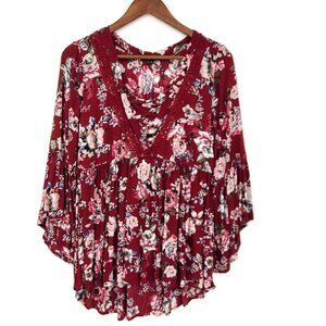 Signature Studio Womens Multicolor Floral Bell Sleeve Tunic Top Sz S Hi-Low Boho